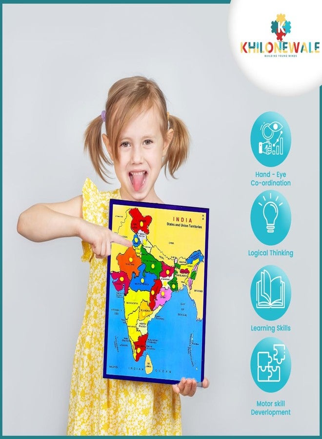 Khilonewale Kid's Large Size India Map Wooden Puzzle for Kids - BIS Compliant | Educational Toy with Plastic Knobs | Learn States, Capitals & More | Gift for 3+ Years | - Image 4